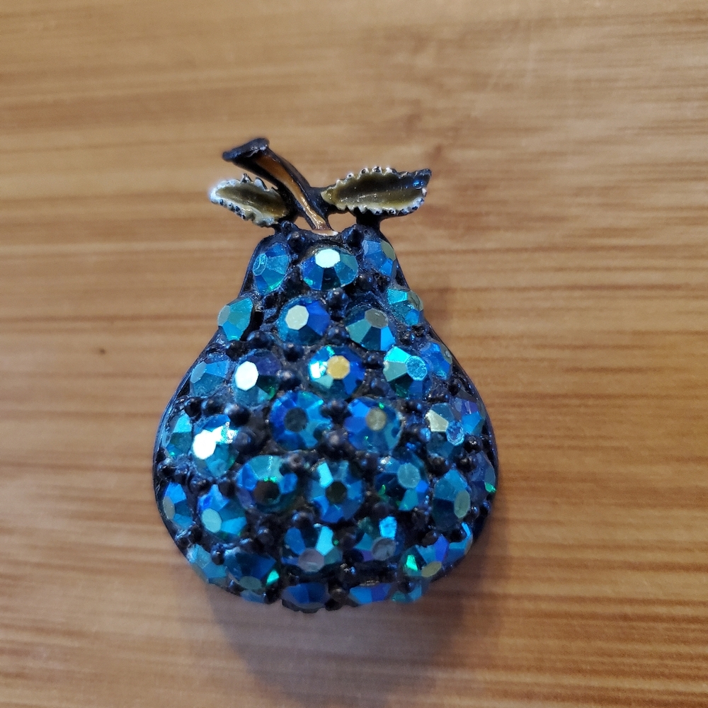 Vintage Blue AB Rhinestone Pear Brooch